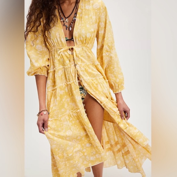 NWOT Free People Pappiet Midi Shirt Dress Sunshine Combo Sz M - Picture 2 of 7